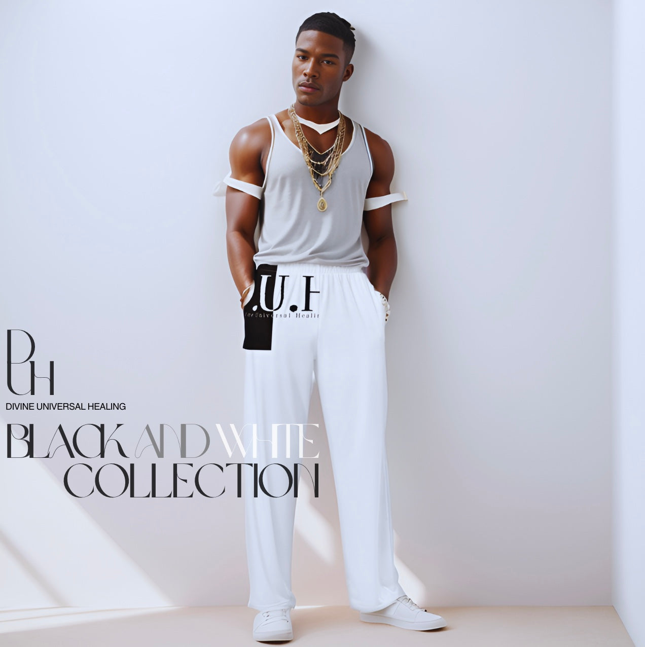 1 B/W All-over print wide-leg pants